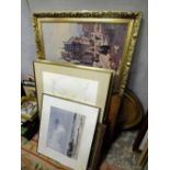 A COLLECTION OF PICTURES, PRINTS AND FRAMES TO INCLUDE A LARGE GILT FRAMED PRINT OF A FRENCH HARBOU