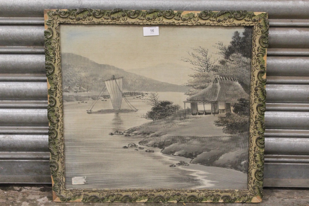 A FRAMED AND GLAZED EASTERN STYLE PICTURE ON CLOTH ON BOARD - OVERALL SIZE 49.5CM X 55CM