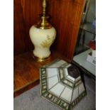 A TIFFANY STYLE HEXAGONAL LAMP SHADE, DIA. 45CM, (A/F, RESTORATION TO GLASS PANELS) TOGETHER WITH A