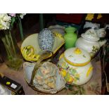 A SELECTION OF LARGE OVERSIZED CERAMICS TO INCLUDE VASES, BASKETS ETC., TOGETHER WITH A LARGE GLASS