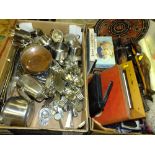 TWO TRAYS OF TREEN AND METALWARE