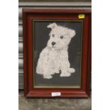 A SMALL FRAMED AND GLAZED MIXED MEDIA PICTURE OF A PUPPY - OVERALL SIZE 35.5CM X 27.5CM