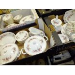 THREE TRAYS OF ROYAL ALBERT LAVENDER ROSE TEA AND DINNER WARE TO INCLUDE LIDDED TUREENS