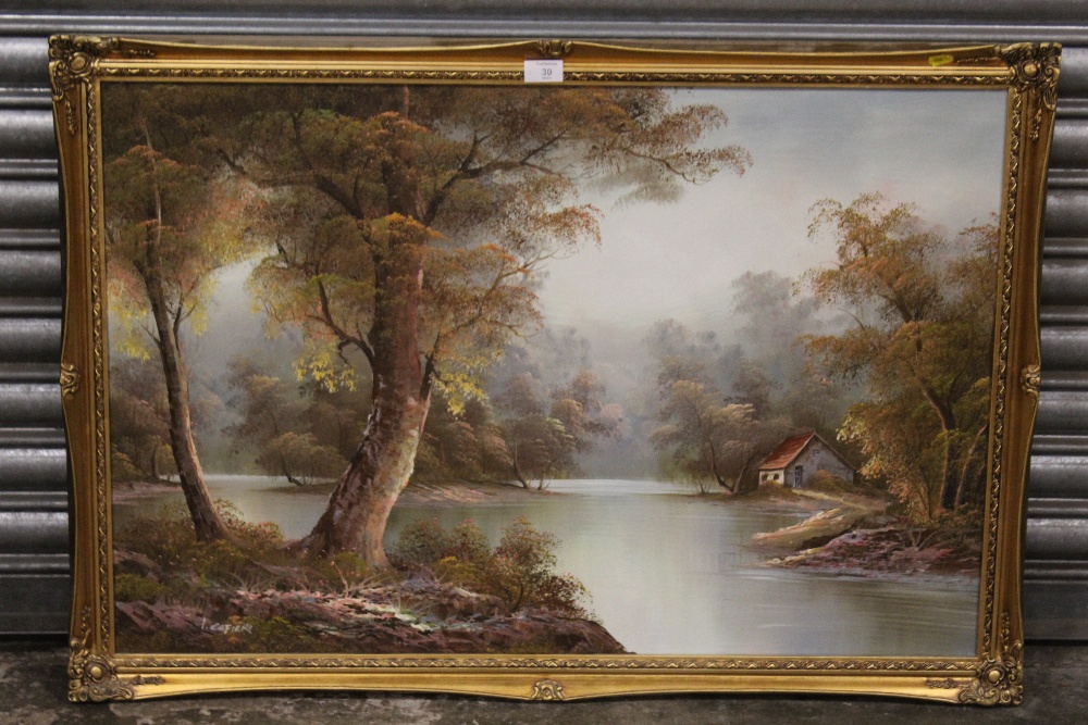 A LARGE GILT FRAMED OIL ON CANVAS OF A WOODEN RIVER SCENE SIGNED I CAFIERI LOWER LEFT - OVERALL SIZ