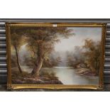 A LARGE GILT FRAMED OIL ON CANVAS OF A WOODEN RIVER SCENE SIGNED I CAFIERI LOWER LEFT - OVERALL SIZ