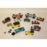 A SMALL COLLECTION OF TOY CARS TO LESNEY AND TWO TIN PLATES EXAMPLES