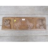 A HEAVY CARVED WOODEN PANEL DEPICTING HORSES L- 63 CM