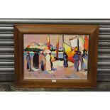 A FRAMED OIL ON BOARD IMPRESSIONIST HARBOUR SCENE - OVERALL SIZE 63.5CM X 82.5CM