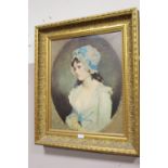 A GILT FRAMED PRINT ON CANVAS PORTRAIT OF A YOUNG LADY IN A BLUE AND WHITE BONNET TOGETHER WITH A G