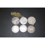 A BAG OF SILVER CROWNS AND AMERICAN COINS, SOME IN MOUNTS