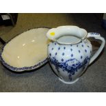 A VINTAGE BLUE AND WHITE JUG AND BOWL SET