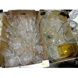 TWO TRAYS OF GLASSWARE TO INCLUDE VASES (DECANTERS CHIPPED)