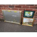 A MODERN GILT FRAMED BEVELLED MIRROR A/F TOGETHER WITH AN OIL PAINTING AND ANOTHER PICTURE (3)