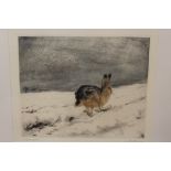 A FRAMED AND GLAZED ORIGINAL ETCHING OF A HARE TAKING FLIGHT OVER A SNOWY LANDSCAPE SIGNED LOWER RI