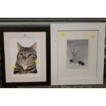 A FRAMED AND GLAZED OIL PAINTING OF A CAT BY KAREN BLAKE, TOGETHER WITH A FRAMED AND GLAZED