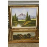A GILT FRAMED OIL ON CANVAS MOUNTAINOUS RIVER LANDSCAPE TOGETHER WITH AN OIL ON BOARD OF A COUNTRY