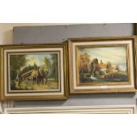 A PAIR OF GILT FRAMED OIL ON CANVASES OF A HORSE DRAWN WOOD CARTING SCENE AND A WATER MILL, H 30