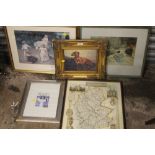 FIVE ASSORTED PRINTS TO INCLUDE A MAP OF STAFFORDSHIRE, W RUSSELL FLINT PRINT ETC