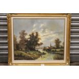 A GILT FRAMED OIL ON CANVAS OF A WOMAN DRIVING GEESE TO THE RIVER SIGNED LOWER LEFT H BERNER, H 50.5