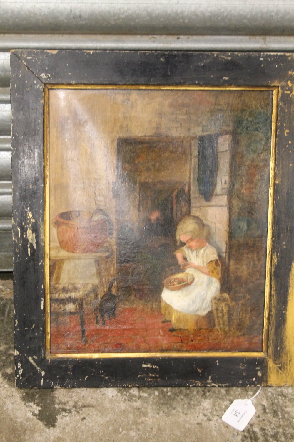 (XIX) ENGLISH SCHOOL. Cottage interior scene with young girl peeling vegetables, and a black cat, - Bild 2 aus 3