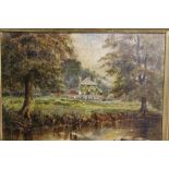 AN ANTIQUE GILT FRAMED OIL ON CANVAS LAID ON BOARD OF A COUNTRY SCENE OF A HOUSE NEAR A RIVER, H