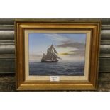 A GILT FRAMED OIL ON BOARD ENTITLED CLEARING SKIES, DRYING SAILS BY RICHARD STADDEN HEIGHT - 18CM