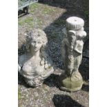 A FEMALE BUST (AS FOUND - ) TOGETHER WITH A BIRDBATH BASE WITH FEMALE FIGURE DETAIL