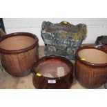 THREE GLAZED PLANT POTS PLUS A SMALL TROLLEY SHAPED PLANTER