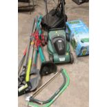 AN ELECTRIC LAWNMOWER TOGETHER WITH AN ELECTRIC BOSCH STRIMMER AND A SMALL COLLECTION OF GARDEN