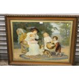 A LARGE FRAMED AND GLAZED CLASSIC VICTORIAN SCENE PRINT OF A FAMILY SCENE WITH PUPPIES IN A BASKET -