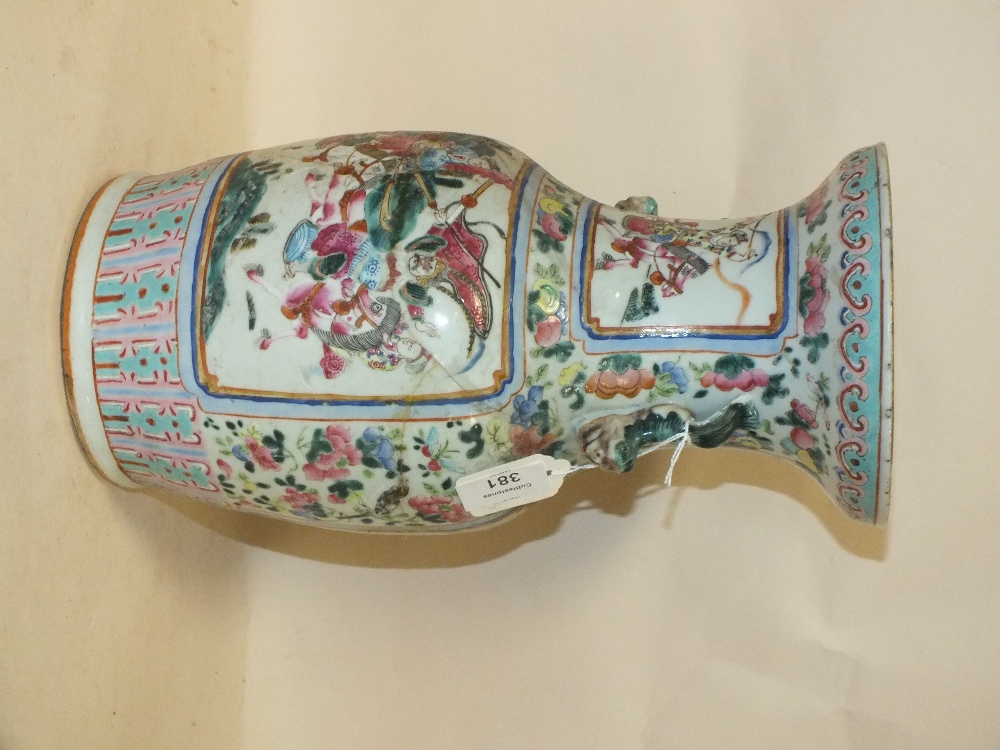 AN ANTIQUE ORIENTAL PORCELAIN BALUSTER VASE, with twin fish handles, floral decoration throughout