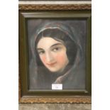 A FRAMED AND GLAZED OIL ON BOARD PORTRAIT STUDY OF A LADY WITH ALTERNATIVE PORTRAIT VERSO ON A MAN