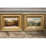 A PAIR OF GILT FRAMED OIL ON CANVAS OF MOUNTAINOUS LANDSCAPES, H 20 BY W 30 CM