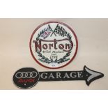 A MODERN CAST METAL AUDI GARAGE PLAQUE TOGETHER WITH A NORTON MOTORCYCLES PLAQUE