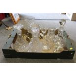 A TRAY OF CUT GLASS TO INCLUDE AN EDWARDIAN STYLE SIX PERSON DRINK SET, DECANTERS ETC.