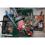 A SELECTION OF TOOLS AND PARTS ETC TO INC A MITSUBISHI HEDGE TRIMMER, DOOR HANDLES ETC