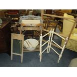 A VINTAGE ACME MANGLE WITH STAND, TOGETHER WITH AN ENAMEL BASIN, TONGS, SCRUB BOARD AND TWO