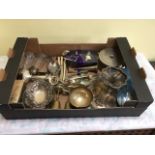 A BOX OF MOSTLY SILVER PLATED METALWARE TO INCLUDE A HALLMARKED SILVER BONBON DISH, SILVER PLATED