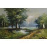 A LARGE FRAMED OIL ON BOARD OF A COUNTRY RIVER SCENE SIGNED LOWER LEFT C.SANDY H 60 CM BY W 92 CM