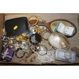 A BOX OF COSTUME JEWELLERY, WATCHES ETC