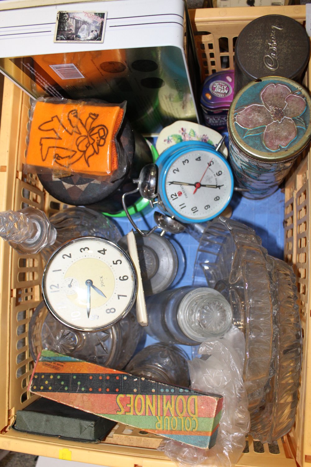 A BOX OF GLASSWARE, TINS AND VINTAGE CLOCKS - Image 2 of 2