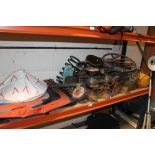 A QUANTITY OF METALWARE ETC, TO INCLUDE SCALES, JOCKEY WHEEL, TOOL BOX ETC