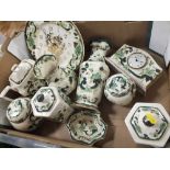 A COLLECTION OF MASONS CHARTREUSE CERAMICS TO INCLUDE A TEAPOT, CLOCKS, VASES ETC. (10 PIECES IN