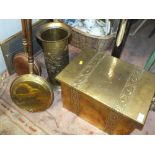 A BRASS COVERED COAL BOX, STICK STAND AND TWO WARMING PANS