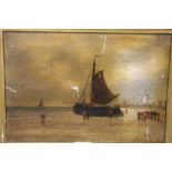AN ANTIQUE GILT FRAMED OIL ON CANVAS OF A SHORELAND SCENE WITH MOORED BOAT AND FIGURES NOTE - SOME