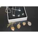 THREE ROLLED GOLD LOCKETS TOGETHER WITH A SILVER EXAMPLE PLUS A BOXED PANDORA STYLE NECKLACE,