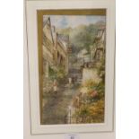 A GILT FRAMED AND GLAZED WATERCOLOUR OF CLOVELLY HIGH STREET BY EDWARD WILLIAM TRICK, H 30 CM BY W