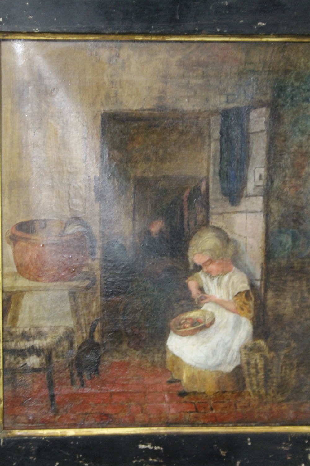 (XIX) ENGLISH SCHOOL. Cottage interior scene with young girl peeling vegetables, and a black cat,