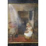 (XIX) ENGLISH SCHOOL. Cottage interior scene with young girl peeling vegetables, and a black cat,