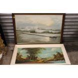 TWO VINTAGE OIL ON CANVAS OF A CRASHING WAVES AND A COUNTRY SCENE